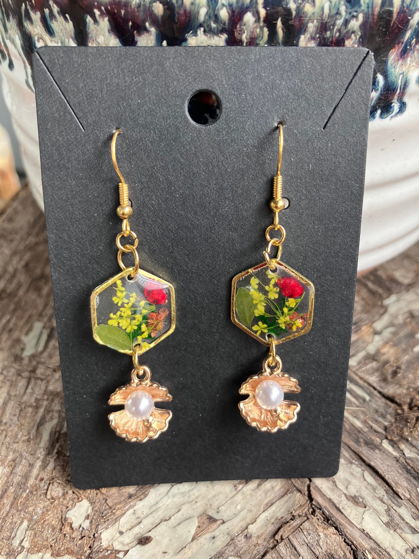 Pressed dried flowers in UV resin with clams & pearls earrings