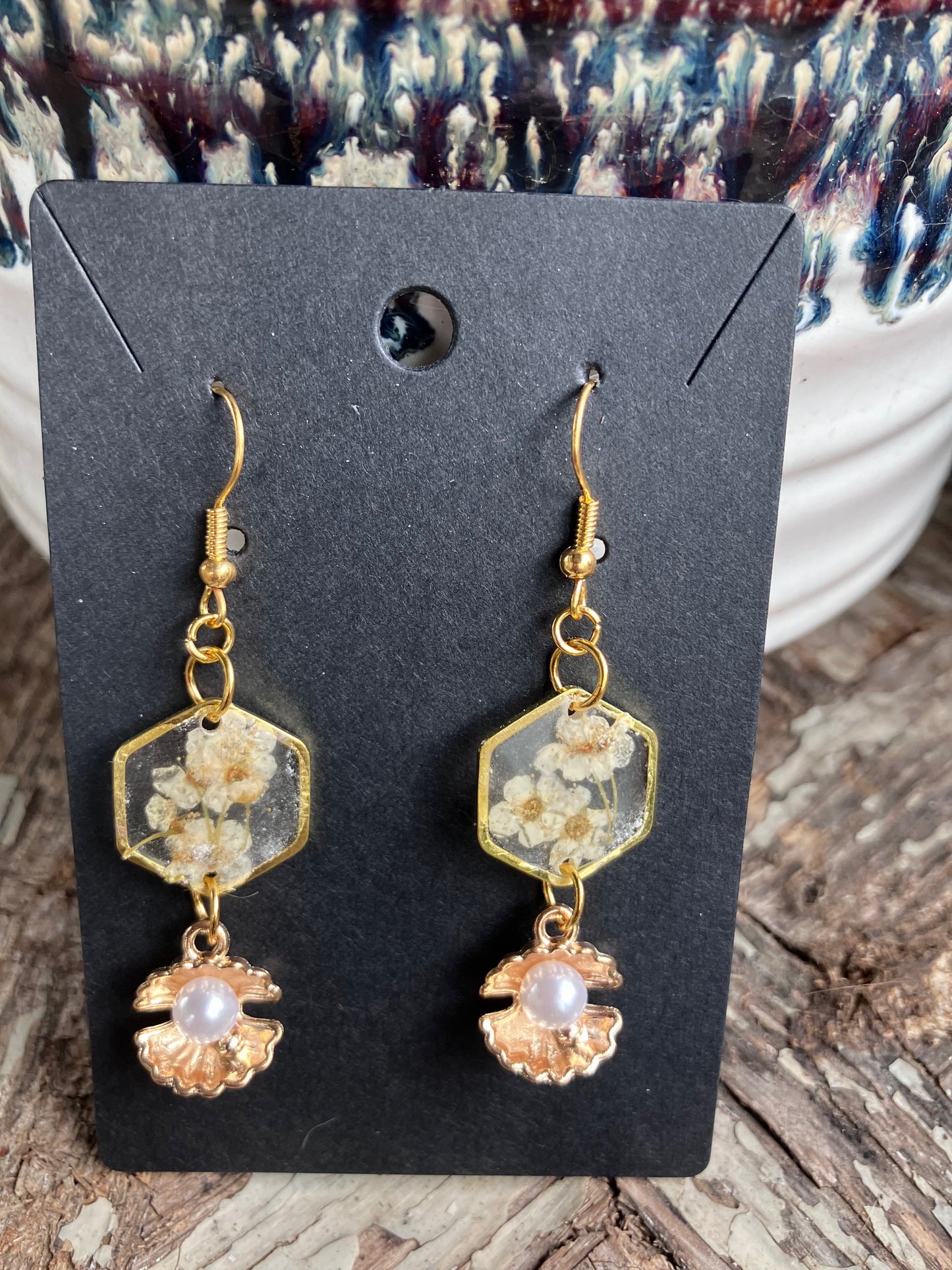 Pressed dried flowers in UV resin with clams & pearls earrings