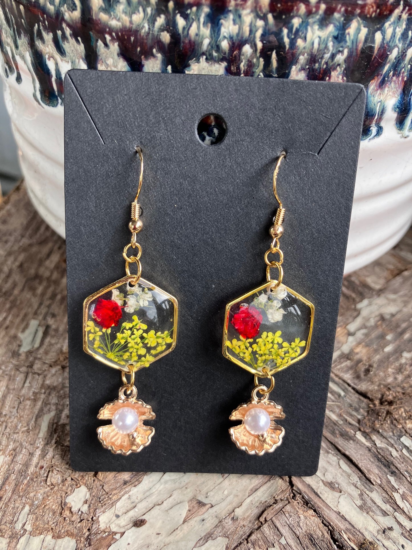 Pressed dried flowers in UV resin with clams & pearls earrings