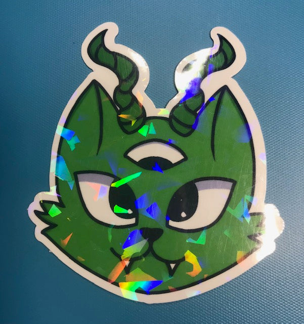 regular or holographic- Green 3rd eye evil cat