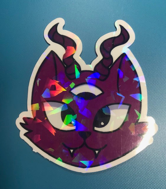 regular or holographic- Magenta 3rd eye evil cat